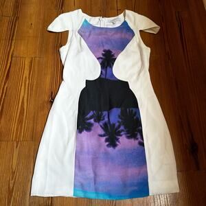 Finders Keepers white purple palm sunset cap sleeve dress SIZE M